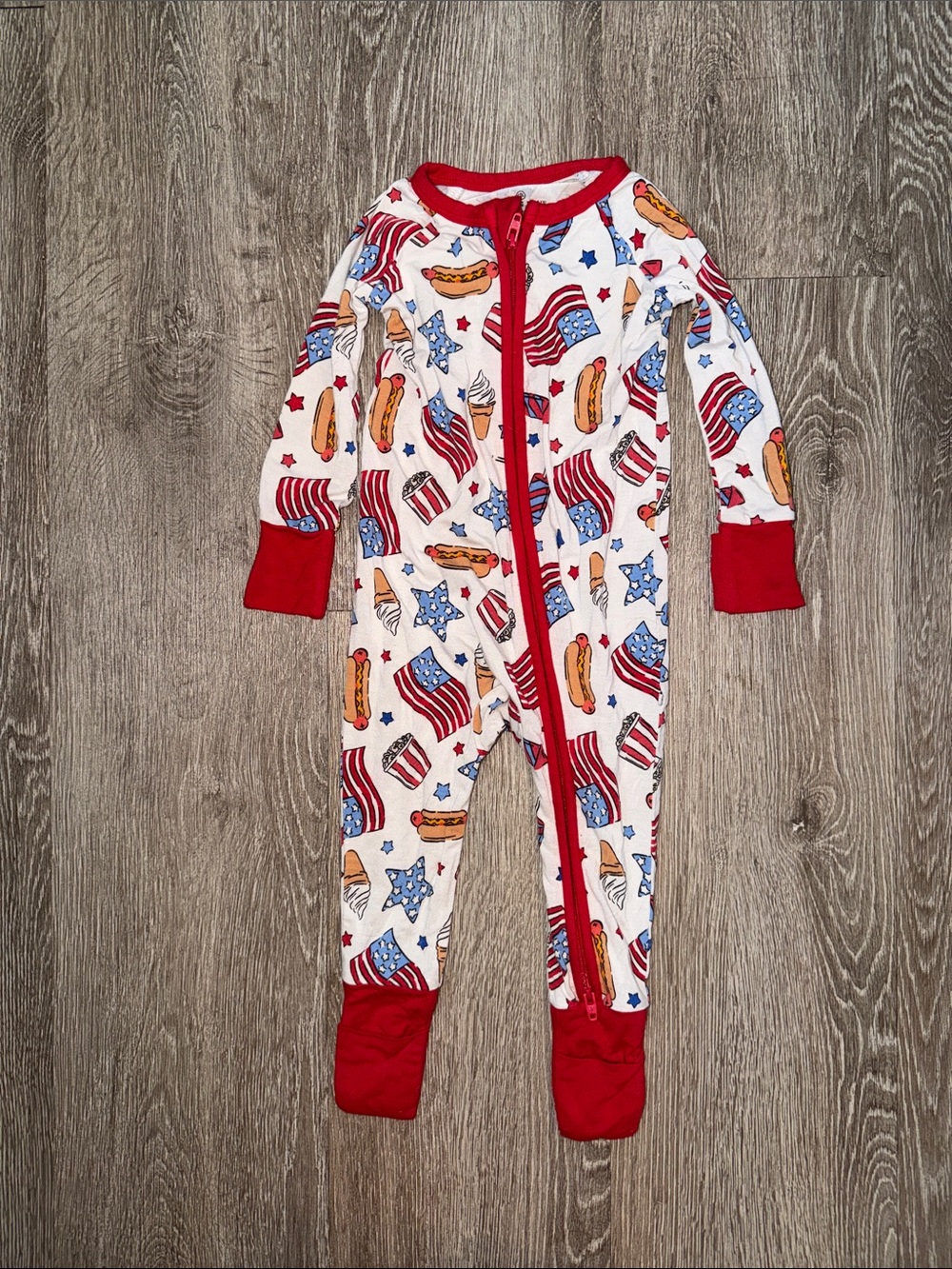 Caden Lane Red, Blue & Yellow Patriotic Hot Dog Print Footie bamboo 3 6 months